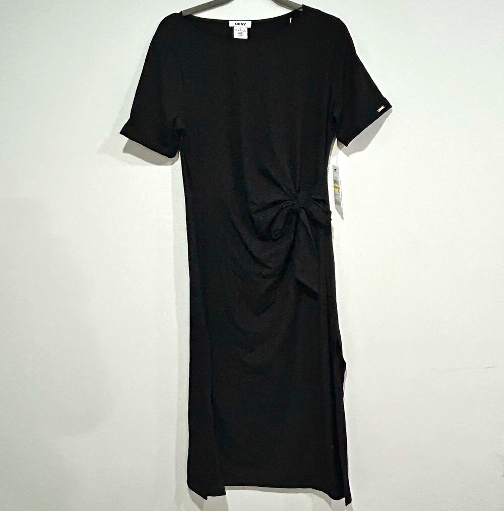 DKNY Black Short Sleeve Crew Neck Midi Sheath Dress Stretch Size M DDA4C1973 NWT